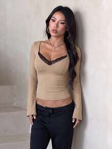 Autumn Contrast Color Lace Trim Patchwork Long Sleeve Top, Casual Basic Tank Top For Daily Wear, Dating, Party - Khaki - View 3