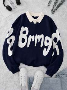1pc Tween Boys American Street Style Creative Letter 2 In 1 Sweater Knit Top - Blue - View 1