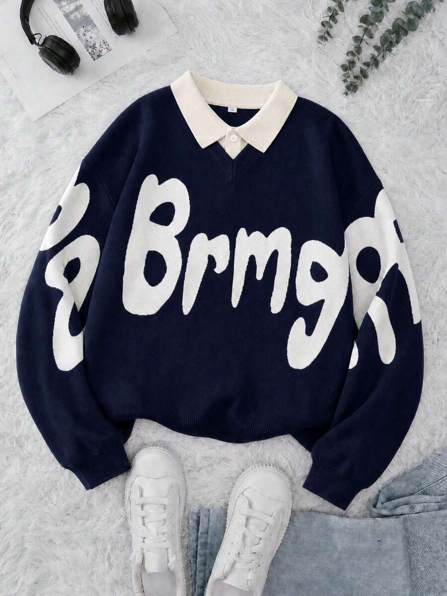 1pc Tween Boys American Street Style Creative Letter 2 In 1 Sweater Knit Top - Blue - View 1