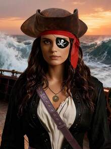 1pc Brown Faux Leather Funny Triangle Hat Halloween Sailor Pirate Hat With Eye Patch, Fashion Captain Hat Role Play Accessory, Suitable For Holiday Parties, Performances, Cosplay Costumes, Masquerade Balls And Other Occasions - A-party - View 5