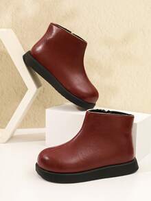 Girls' Burgundy Side Zipper Ankle Boots, Thick Sole, Soft Bottom, Simple Round Toe, Versatile Casual Kids' Shoes, Autumn/Winter New Style - Red - View 5