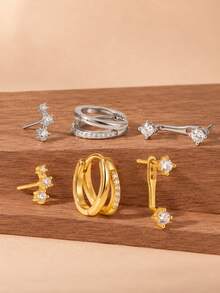 6pcs/Set Minimalist Copper Plated Zirconia Women's Earrings, Stackable Earrings, Suitable For Couples, Sisters, Holidays, Daily Wear - Style 3 - View 3