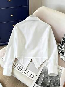 Lady Delivery Tie Plain Simple Basic White Long-Sleeve Shirt, Irregular Hem, Autumn And Winter Inner Wear College Style Daily Casual Out-Of-Town Top - White - View 6