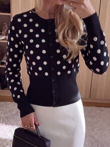 Roviva Women's Autumn Casual Commute French Polka Dot Long Sleeve Knit Sweater, Suitable For Party, Gathering, Holiday, Birthday Party, Work Commute, - Black and White - View 10