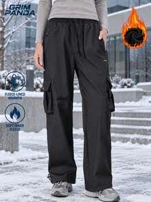 GRIM PANDA Women's Fall Winter Fleece Lined Cargo Pants Drawstring Elastic Waist Zip Pockets Straight Leg Thickened Warm Outdoor Hiking Daily Trousers - Black - View 6