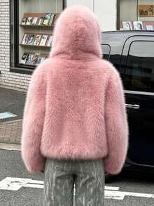 Faux Fur Hooded Winter Jacket, Loose Short Coat, Casual Street Style Winter Outfit, Pink - Pink - View 6