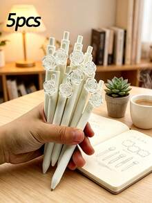1/5/10pcs Cute Transparent Rose Decorative Retractable Neutral Pens, Cream White Barrel Smooth Black Ink Ballpoint Pens, Highly Attractive Student Office Stationery, Back To School Gift For Friends - Sets - View 7