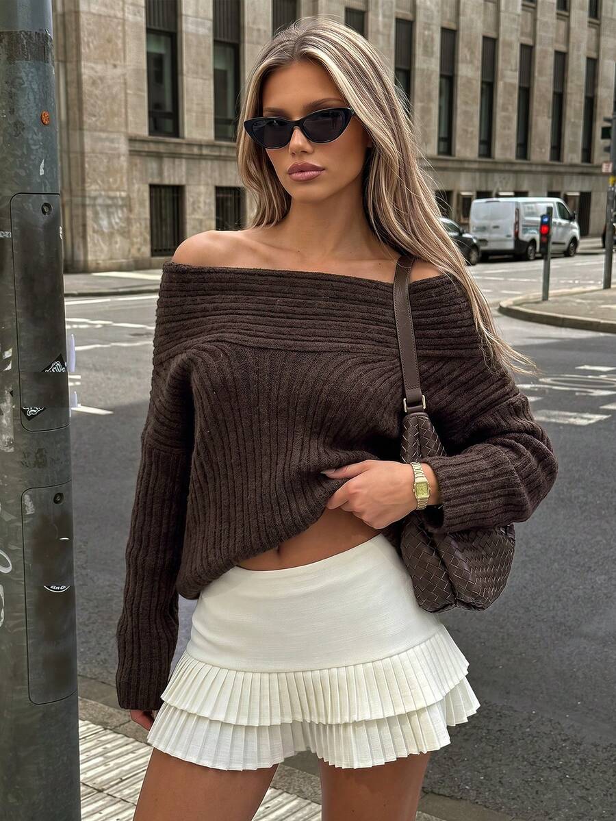 ملابس علوية نسائية خريفية/شتوية بتصميم غير متماثل، ياقة غير متماثلة، ياقة مجعدة، خطوط عمودية، تصميم بسيط، فضفاضة ومرخية، منسوجة - قهوة بني - مشاهدة 1