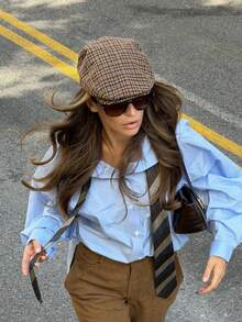 1pc Women's Fashion Plaid Woven Anchor Pattern Newsboy Cap, Korean Style, Suitable For Daily Wear And Matching - Coffee Brown - View 5