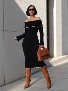 Knitwear Dress; Fish Tail Style Bodycon With Color Block Details And Off Shoulder Design - Black - View 5