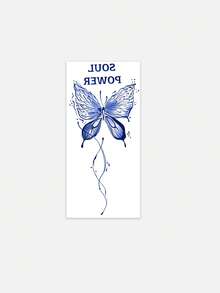 1pc Temporary Tattoo Sticker, Blue Ink Wash Butterfly With Inspirational Text & Ink Splatter Lines Pattern, Realistic Fake Tattoo Design, Suitable For Daily, Bachelorette Party Favors, Music Festivals, Cosplay, Graduation Gifts, Lasts 3-5 Days - Multicolor - View 3