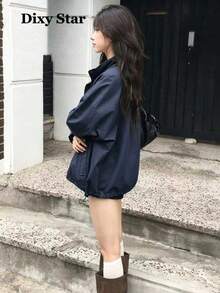 韓式拼色鈕扣長袖寬鬆夾克大學風 - 深藍色 - 查看 4