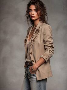 Women's Autumn/Winter Elegant Fashion Floral Embroidered Solid Color Lapel Jacket With Pockets, Casual Commute Blazer - Light Khaki - View 5