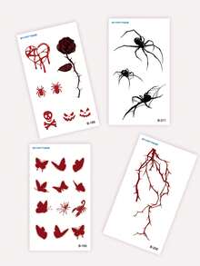 STARTTOOS 4PCS Halloween Dark Style Cool Spider Pumpkin Skull Rose Pattern Party Gift Waterproof Tattoo Stickers For Hands Face Shoulders Neck Collarbone - Multicolor - View 7