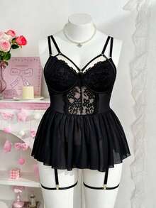 Plus Size Women Lace + Mesh Patchwork Camisole Dress, Mesh Garter Nightgown, Floral Lace V-Neck Romantic Lingerie - Black - View 2