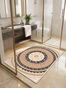 1PC Round Floral Pattern Faux Cashmere Machine Washable Area Rug, European Classical Palace Style Vintage Luxury Soft Rectangular Carpet, Living Room Bedroom Home Decor, All Season Use, Aesthetic Home Decoration - Multicolor - View 7