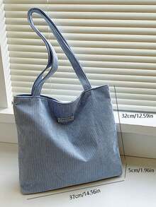 Corduroy Solid Color Shoulder Tote Bag, Minimalist Casual Storage Bag With Solid Color Patch - Blue - View 2