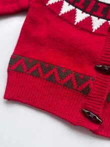 Kids' Christmas Red Knitted Cardigan, Vintage Cat & Geometric Jacquard Hooded Top With Horn Buttons, Unisex - Red - View 4