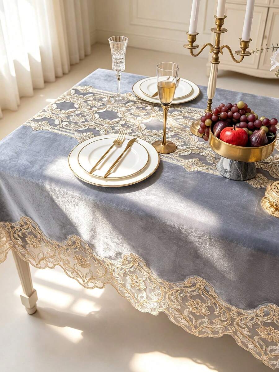 1pc Light Gray Velvet Hollow Lace Tablecloth, Gold Vine Rope Embroidery Craft Tablecloth, Multiple Size Options, Suitable For Living Room, Dining Room, Home Decor And Room Decoration, Perfect For Holiday Party Decor Or Dining Table Decoration - Dusty Purple - View 1