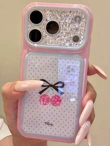 1PC Sweet Girl Pink Polka Dot Cherry Bow Phone Case With Large Window Glitter Lens Frame Full Coverage Anti-Drop Creative Design Compatible With Apple 17/16/15 Pro Max/15 Pro/15/15Plus/14 Pro Max/14 Pro/14Plus/14/13 Pro Max/13 Pro/13/12 Pro Max/12 Pro/12 Full Protection Case - Pink - View 4