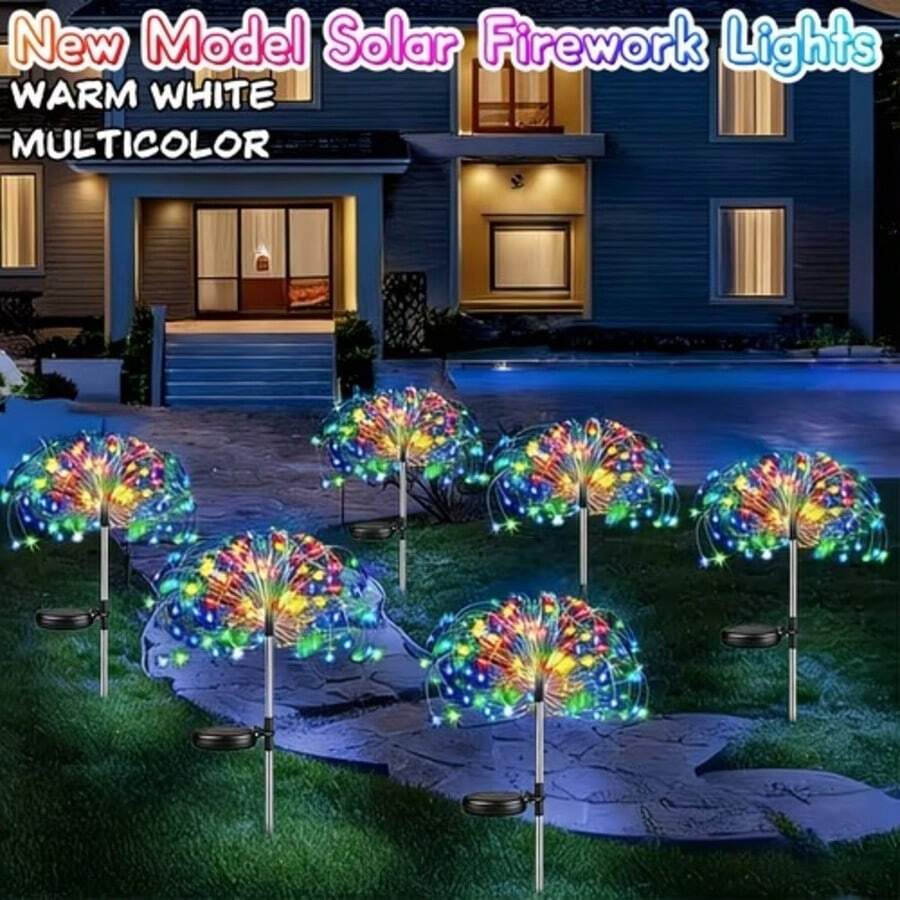 Solar Powered Lawn Firework Decorative Lights, Dual Color Warm And Colorful Options, 1PC 60LEDs And 4pcs 360LEDs Specifications, Radial Firework Shape Night Blooming Light And Shadow, Solar Charging By Day And Automatic Lighting By Night, Patio Pathway Courtyard, Outdoor Camping Festival Party Landscape Lights