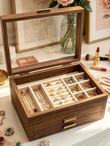 3-Layer Large Capacity Wooden Jewelry Storage Box With Lock, Portable Jewelry Box, Jewelry Storage Box With Drawers For Vanity - Multicolor - View 3