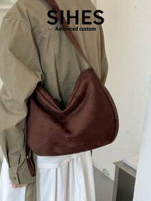 1pc Solid Color Suede Velvet New Women's Bag, Shoulder Bag, Crossbody Bag, Fashion Large Capacity Square Bag, Zipper Closure, Suitable For Commuting, Shopping, Dating, Shopping - Coffee - View 7