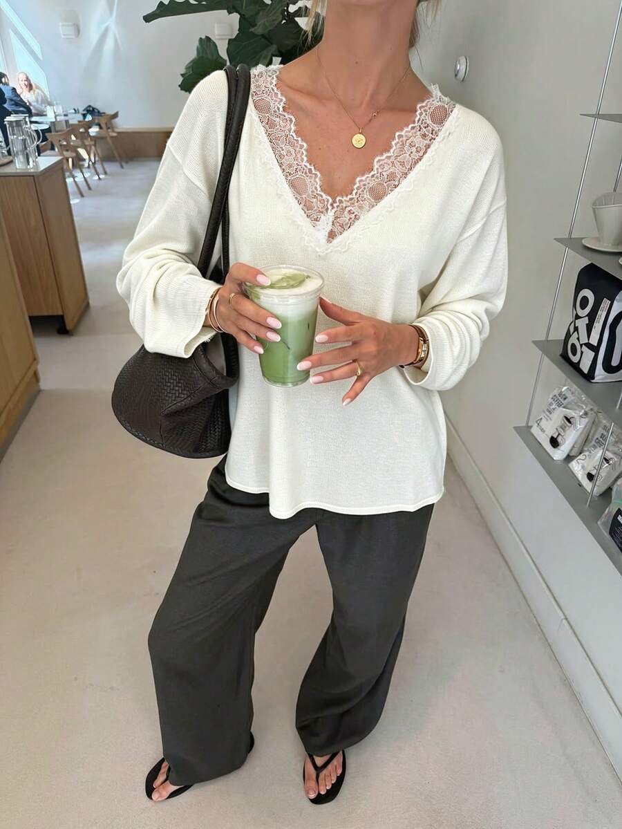 Women's Fashion Elegant Versatile Solid Color Lace Patchwork V-Neck Long Sleeve Casual Sweater