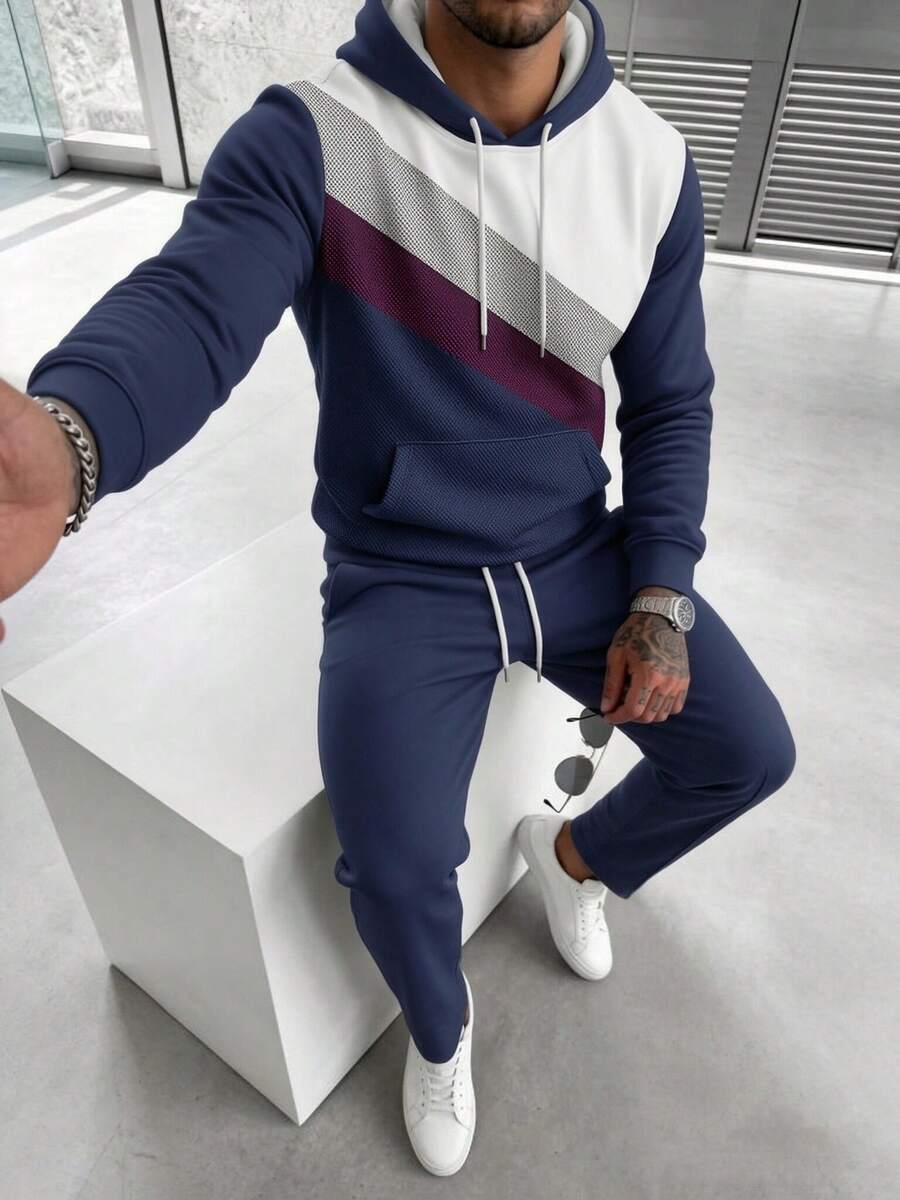 Men's Business Color Block Hoodie And Pants Set - Multicolor - View 1