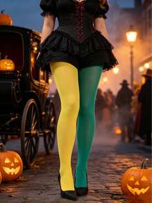 1 Pair Asymmetrical Two-Tone Patchwork Tights, Solid Matte Warm Leggings, Women's Halloween Party Cosplay Costume Accessory - Multicolor - View 4