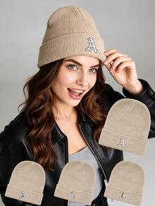 1Pc Women A‑Z Gothic Letter Cuffed Ribbed Knit Beanie, Personalized Warm Winter Knitted Hat For Ladies Daily Casual Wear - Beige - View 1