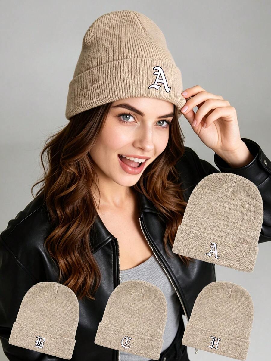 1Pc Women A‑Z Gothic Letter Cuffed Ribbed Knit Beanie, Personalized Warm Winter Knitted Hat For Ladies Daily Casual Wear - Beige - View 1