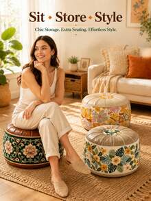 1pc Vintage Floral Storage Ottoman Footstool, Round Leather Decorative Footstool, Soft Padded Top, Decorative Extra Seating For Living Room, Bedroom, Dressing Room, Entryway And Small Spaces - View 3