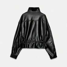 GDDYIN Women's Fashion Black PU Leather Jacket, Funnel Neck Design, Adjustable Drawstring Waist, Suitable For Autumn Fashion - Black - View 6