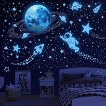 Glow-In-The-Dark Ceiling Stickers With Astronaut, Moon And Space Planets, Wall Decals For Bedroom, Christmas Gift (Blue, Green) - Blue - View 11