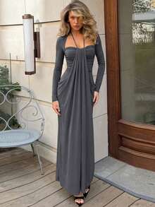 Fashion Sexy Hollow Out Strapless Long Sleeve Solid Color Dress - Grey - View 5