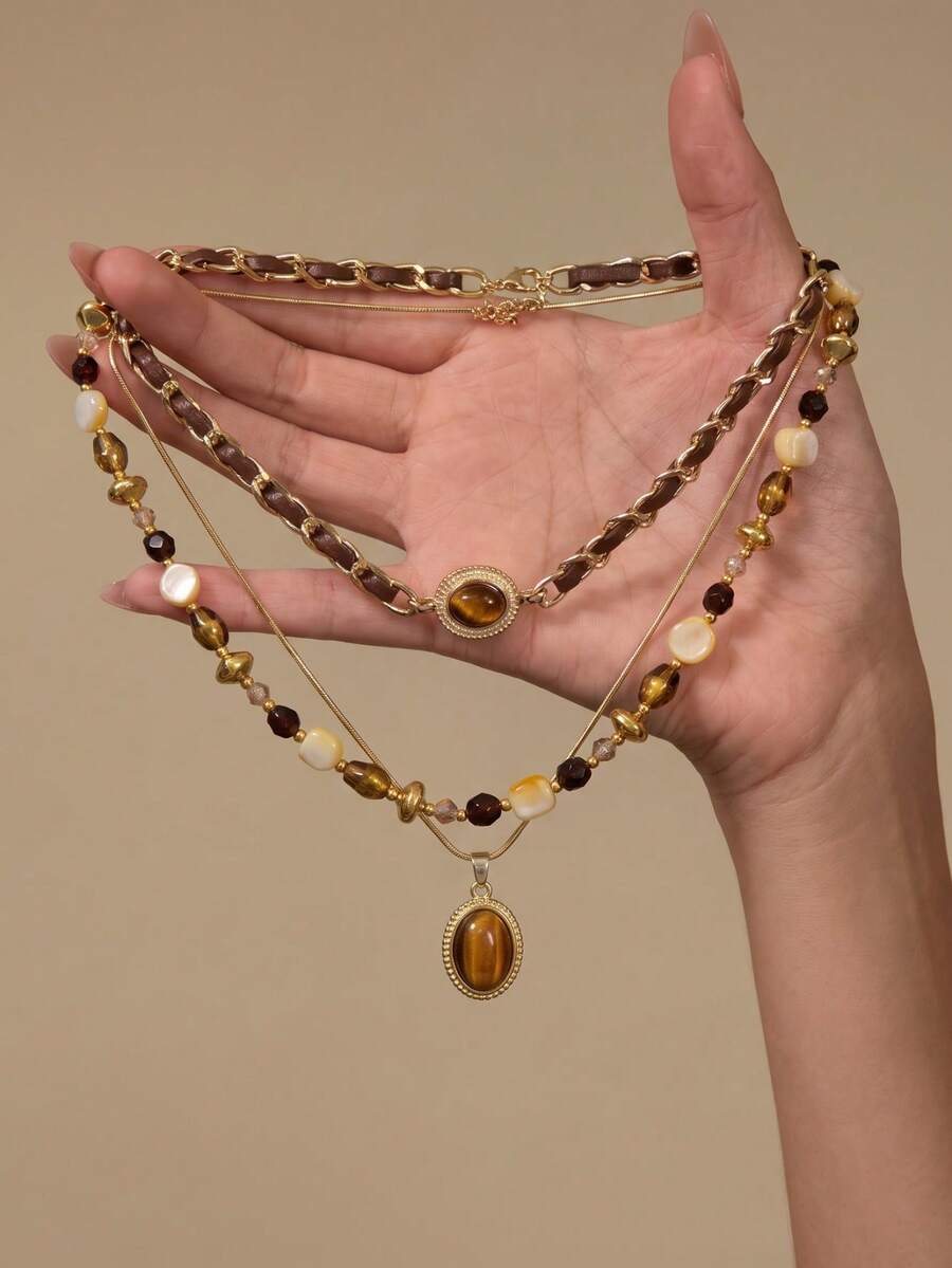 Autumn Winter Layered Necklace Set, Vintage Brown Tiger Eye Pendant, Multi-Strand Beaded & Chain Choker, Maillard Color Statement Jewelry For Daily - Brown - View 1