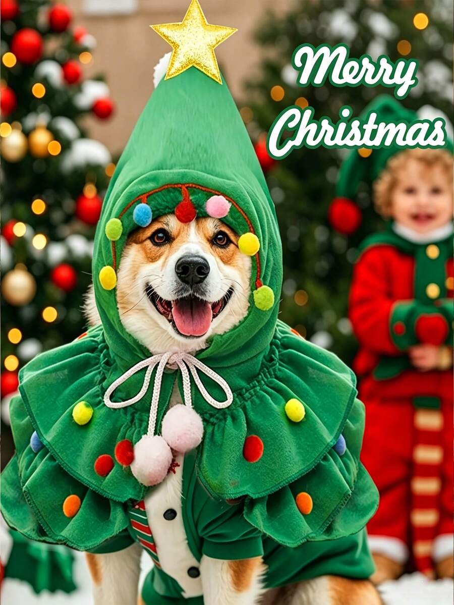 1pc Christmas Pet Costume - Red & Green Christmas Tree Shaped Pet Cape, Fun Cape For Small Cats & Dogs, Creative Pet Clothing Cape, Cute Pet Accessory