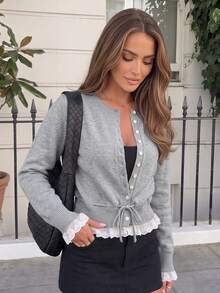 Women's Knitted Cardigan, Long Sleeve Round Neck, Button Front Closure, Contrast Lace Trim, Regular Length, Suitable For Autumn/Winter Wear. - Grey - View 9