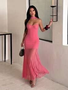 1pc Solid Color Elegant Knit Fabric Dress For Wedding Autumn - Pink - View 1