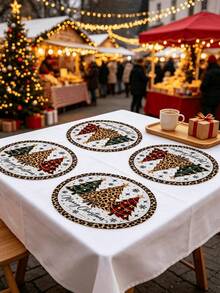 1/2/4pcs Christmas Placemats, Christmas Tree And Leopard Print Elements, Round Design, Bamboo And Linen Material, Suitable For Christmas Decoration, Family Gathering Party, Table Decor, Holiday Decor, Indoor Decoration. - Multiple Styles - View 4