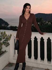 Roviva Women's Autumn Casual Commute Long Sweater Dress, Suitable For Party, Gathering, Holiday, Birthday Party, Work Commute, Office, Beach Vacation - Coffee Brown - View 1