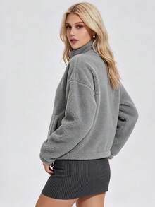 KyrLssu Women Teddy Fleece Cropped Jacket, Stand Collar Full Zip Sherpa Coat, Drop Shoulder Loose Fit With Ribbed Cuffs & Side Pockets, Warm Short Outerwear - Grey - View 3