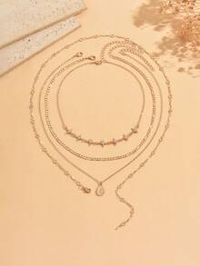 4pcs/Set Luxury Versatile 8-Point Star Rhinestone Chain Decorated Teardrop Pendant Necklace Fashion Women's Neck Jewelry Suitable For Daily Commute, Date, Party Occasions And Gift For Best Friend, Chain Length Cut Randomly - Multicolor - View 2