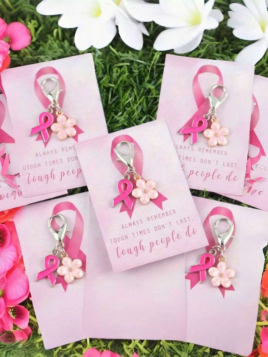 1/10|40 st rosa serie rosett- och körsbärsblomsnyckelringset, en positiv present för kvinnor under bröstcancerawarenessmånaden, lämplig för väskor, hängen, nyckelringar, accessoarer och jul (hummerlås med slumpmässig riktning) - Multifärgad - Visa 1