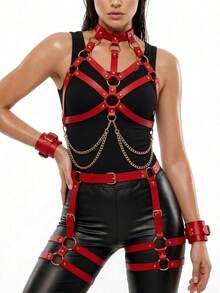 1 Set Women's Sexy Fashion Full Body Corset Waist Chain Belt With Garter Straps, Gothic Style, Suitable For Holiday Parties (Handcuffs Not Included) - Red - View 2