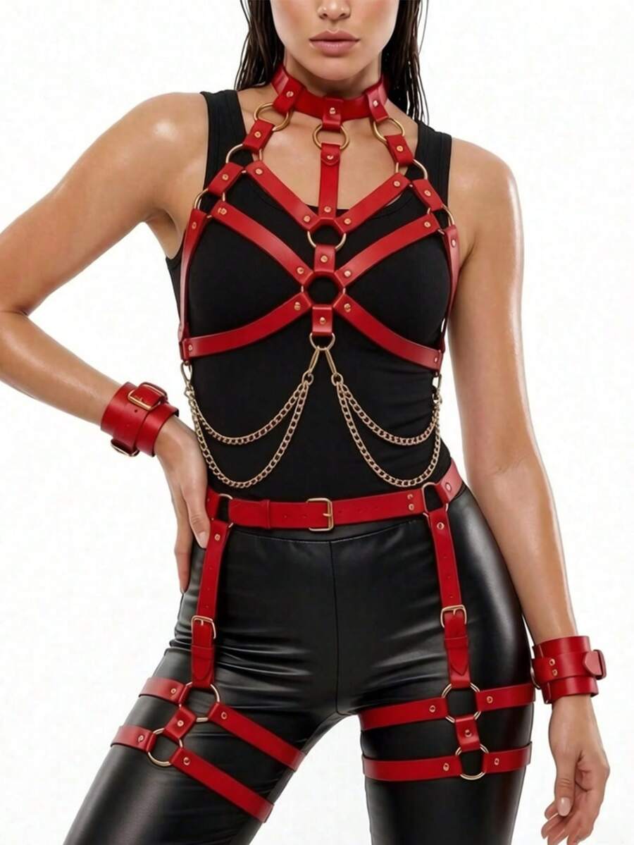 1 Set Women's Sexy Fashion Full Body Corset Waist Chain Belt With Garter Straps, Gothic Style, Suitable For Holiday Parties (Handcuffs Not Included)
