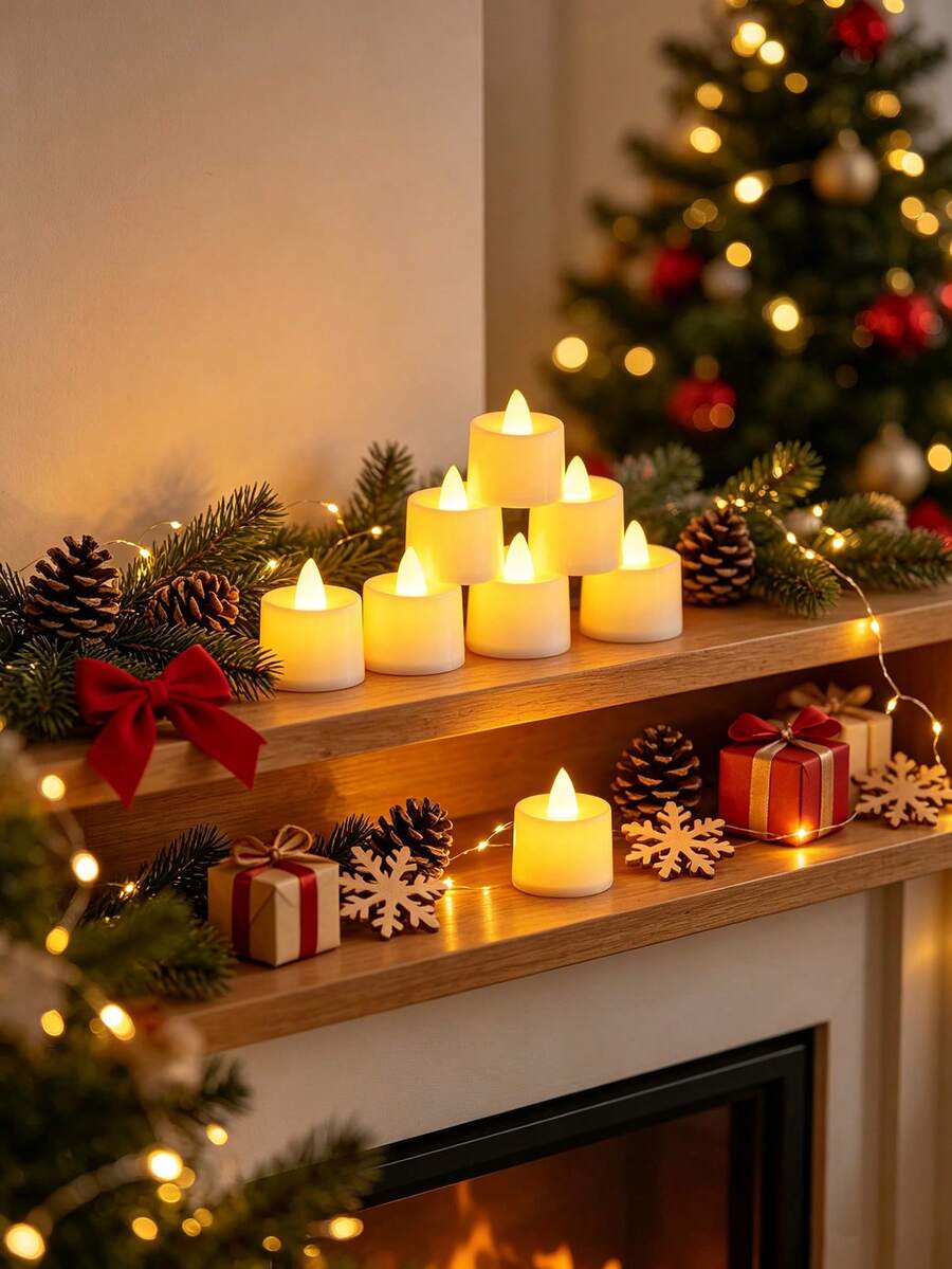 6pcs Battery Operated Embellished Flameless LED Candles – Fake Tea Lights For Christmas Table Wedding Party Decor (Switch Control, Batteries Included) – Proposals Wedding Birthdays Home Decor Electronic Candle Light, Christmas Decor