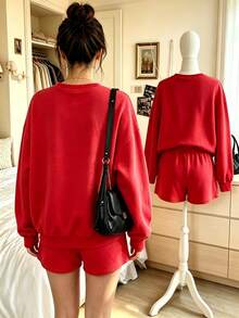 2pcs Sweatshirt Set, Pure Cotton Crew Neck Loose Long Sleeve Top And Shorts Sweatshirt, Microphone Rose FORCE HOPE Graphic Print - Watermelon Red - View 2