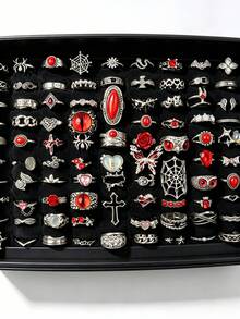 10/20pcs/Set Cincin Unisex Gaya Punk Gothic Vintage Halloween, Desain Mata Besar dan Bentuk Hati, Hadiah Pesta Liburan, Aksesori Pemakaian Sehari-hari untuk Teman - Cincin Halloween Merah Kupu-Kupu Mawar Gaya Punk - View 7